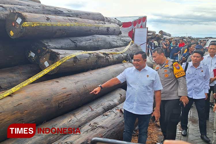 Dirtipidter Bareskrim Polri, Brigjen Pol Nunung Syaifuddin, menunjukkan kayu-kayu hasil ilegal logging PT. CSS yang dibeli PT. Kayan Wood Industries (KWI) Lamongan, Kamis (18/1/2024). (FOTO: MFA Rohmatillah/TIMES Indonesia)