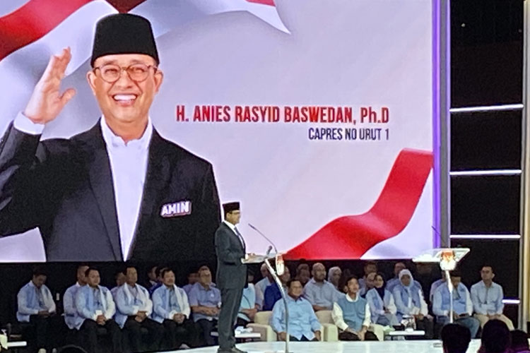 Capres nomor urut 1 Anies Baswedan saat di Debat Kelima Capres 2024 di JCC, Jakarta (4/2/2024).  (FOTO: Farid Abdullah/ TIMES Indonesia). 