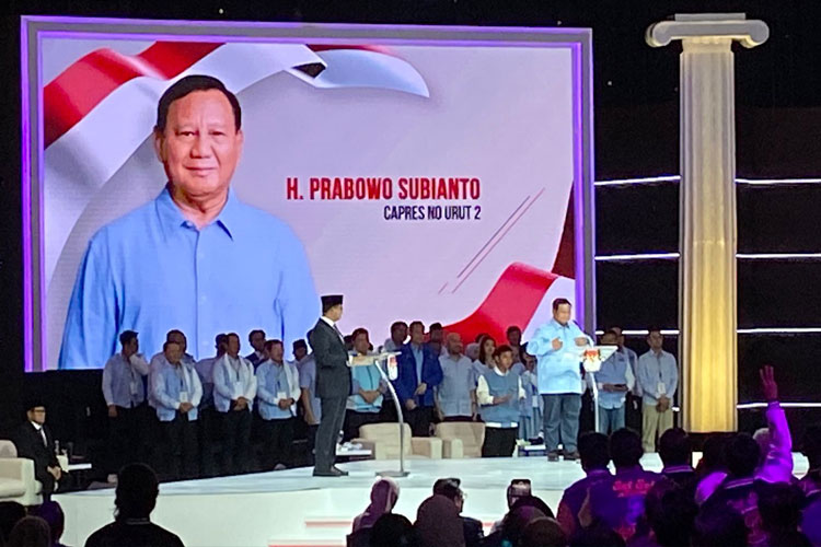 Capres nomor urut 2 Prabowo Subianto saat di Debat Kelimat Capres Pemilu 2024 di JCC, Senayan, Jakarta (4/2/2024).   (FOTO: Farid Abdullah/ TIMES Indonesia). 