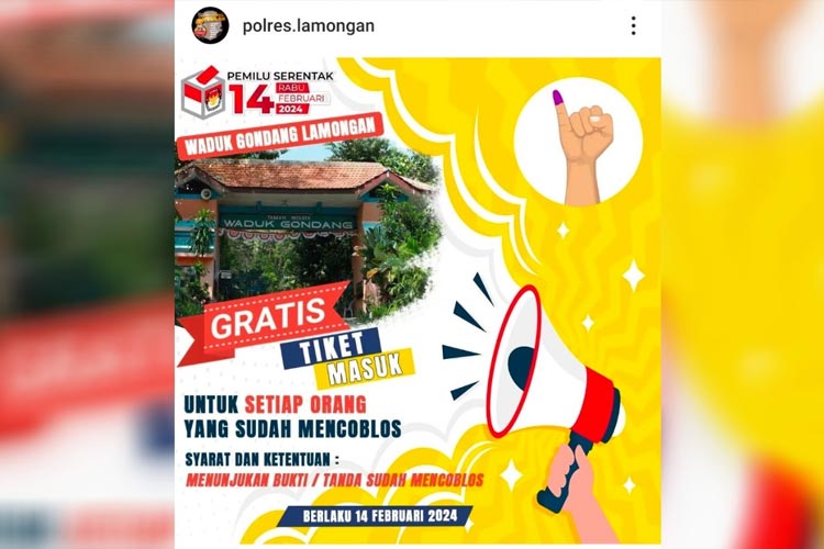 Postingan tawaran tiket gratis di Waduk Gondang melalui Instagram Polres Lamongan,  Senin (12/2/2024), Foto : screenshoot ig polres lamongan for TIMES Indonesia)