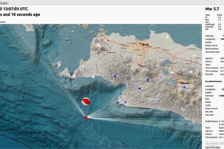 Peta titik gempa di Samudera Hindia Selatan, Banten, Minggu (25/2/2024). (FOTO: ANTARA/HO-BMKG)