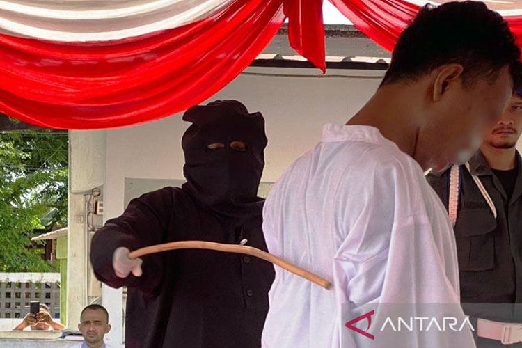 Algojo melakukan eksekusi pidana cambuk terhadap satu orang terdakwa pidana pemerkosaan. Prosesi cambuk dipusatkan di halaman Kantor Kejaksaan Aceh Barat di Meulaboh, Kamis (7/3/2024) siang. (ANTARA/Teuku Dedi Iskandar)