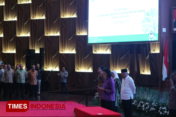 Menkeu Sri Mulyani memberikan sambutannya usai pelantikan KDK BP Tapera periode 2024-2029. (FOTO: Fahmi/TIMES Indonesia)