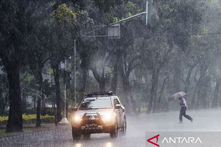 Arsip - Warga menembus hujan di jalan Merdeka Selatan, Jakarta. (foto: ANTARA FOTO/Wahyu Putro)