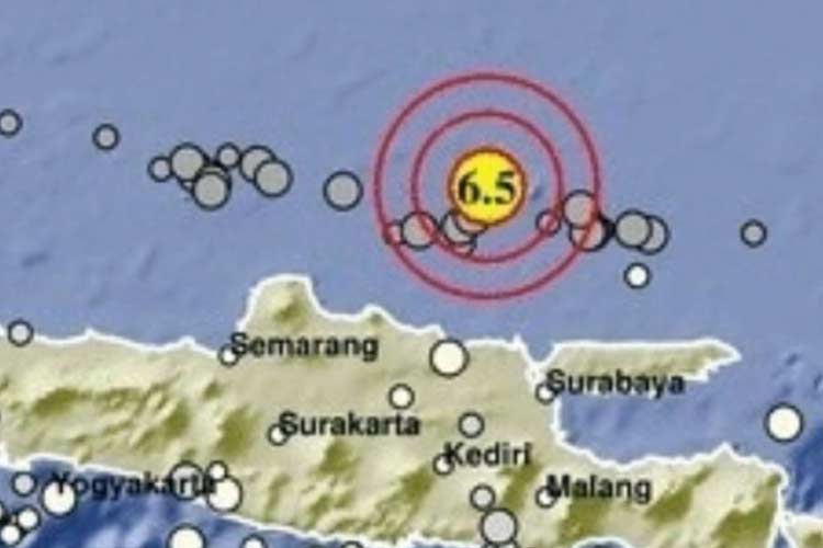 Peta gempa berkekuatan magnitudo 6,5 di 130 kilometer timur laut Kabupaten Tuban, Jawa Timur, Jumat (22/3/2024). (ANTARA/HO-BMKG)