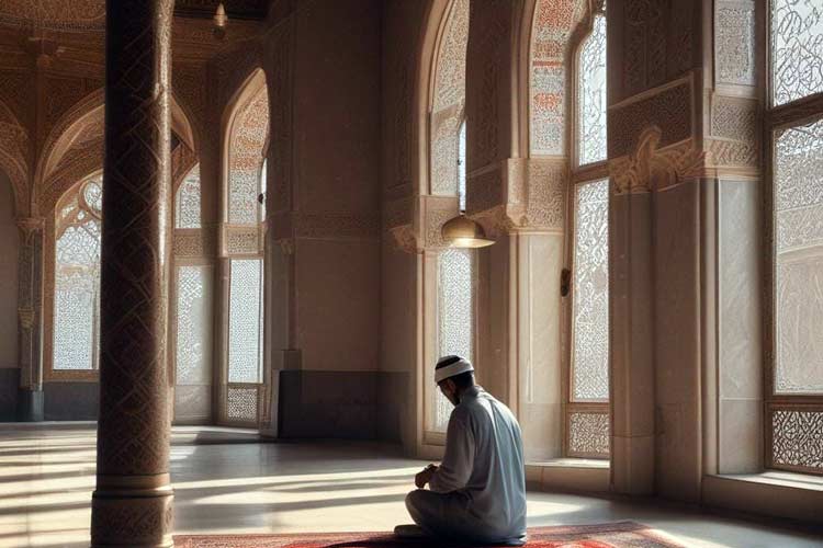 A man spending his time in the mosque. (Illustration: AI Academy)
