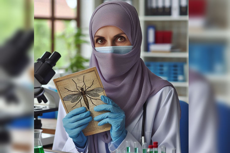 Illustration: A scientist holding a sample of dengue mosquitoes. (Illustration: AI Academy)