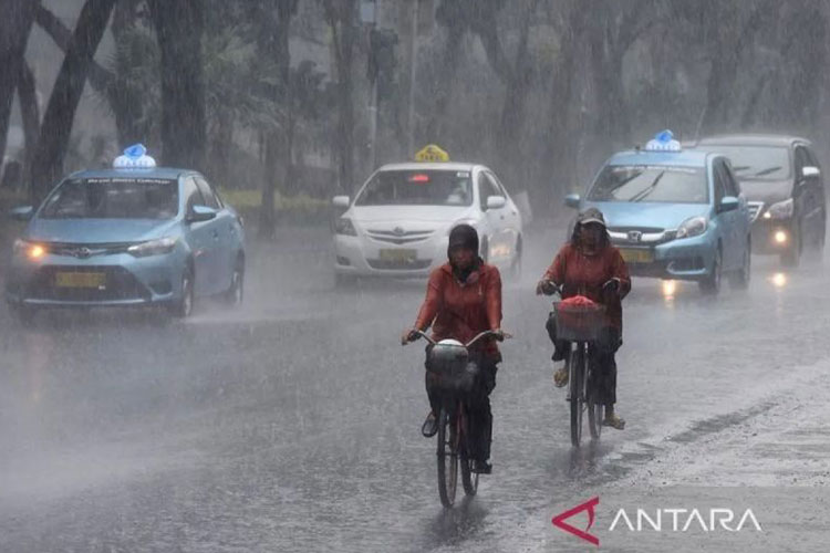  Dua orang pesepeda menembus hujan lebat di Jalan Merdeka Selatan, Jakarta. (ANTARA FOTO/Wahyu Putro A)
