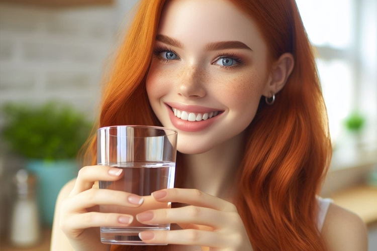 Gadis cantik meminum segelas air putih untuk detoksifikasi. (Ilustrasi: TIMES AI Academy)