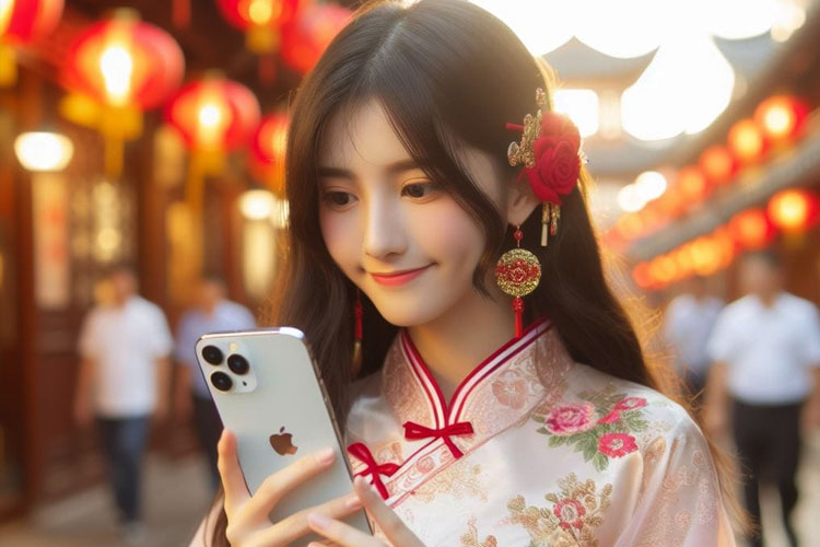 Gadis China dengan baju tradisional negara tersebut memegang iPhone. (Ilustrasi: TIMES AI Academy)