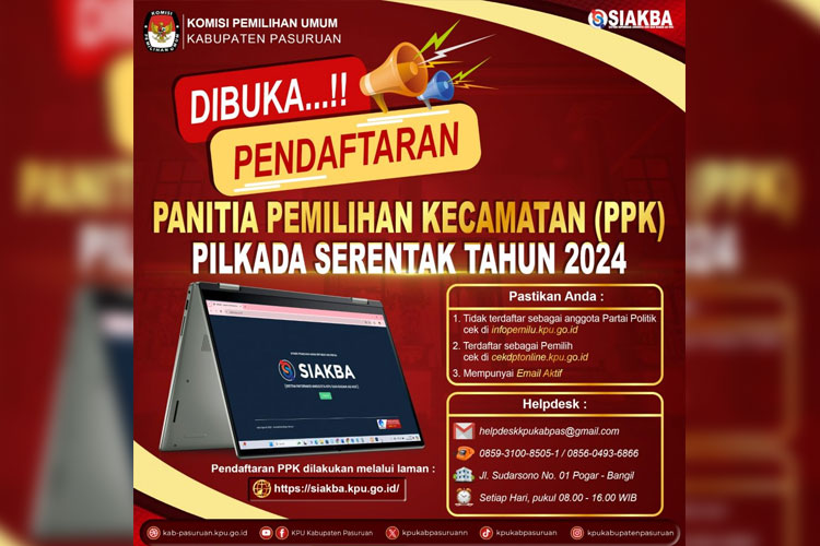 Pengumuman KPU Kabupaten Pasuruan untuk pendaftaran PPK Pilkada 2024 (foto: KPU)