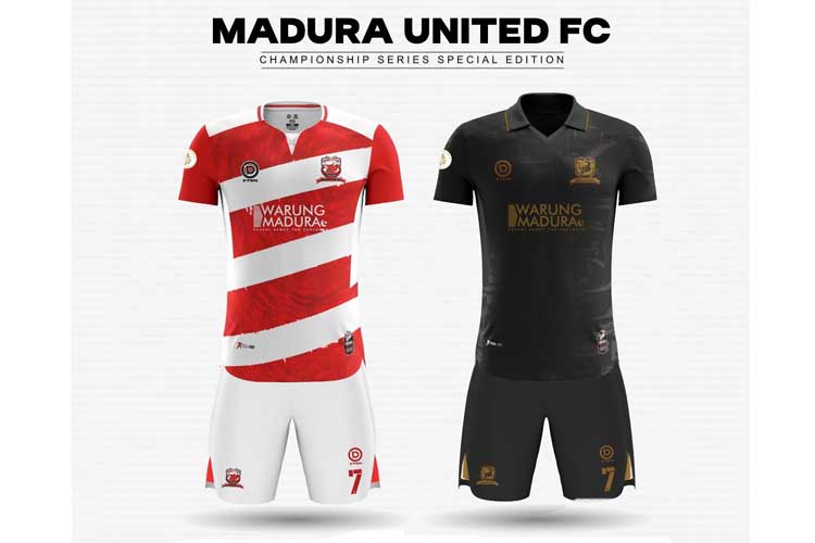 Jersey spesial Madura United dengan 'sponsor' Warung Madura (Foto: instagram/maduraunited.fc)