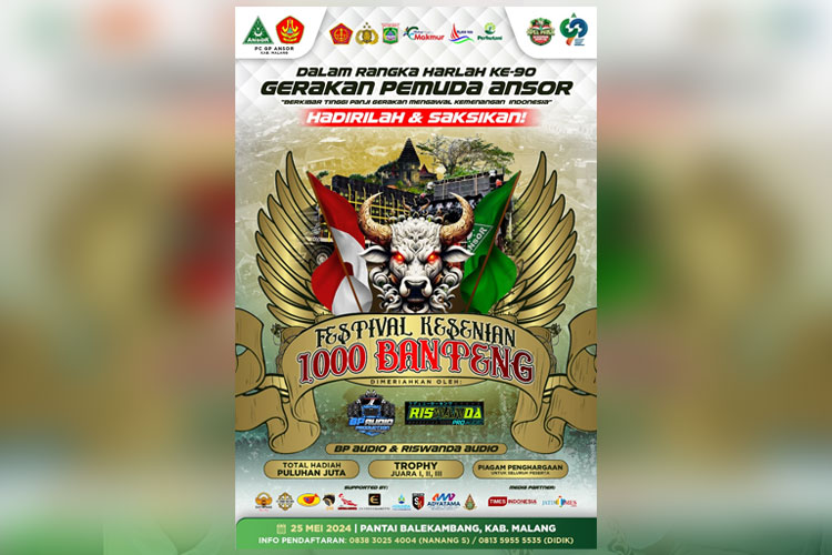 Flyer Festival Kesenian 1.000 Bantengan yang bakal digelar meramaikan Harlah ke-90 GP Ansor di Pantai Balekambang Kabupaten Malang, 25 Mei 2024 mendatang.