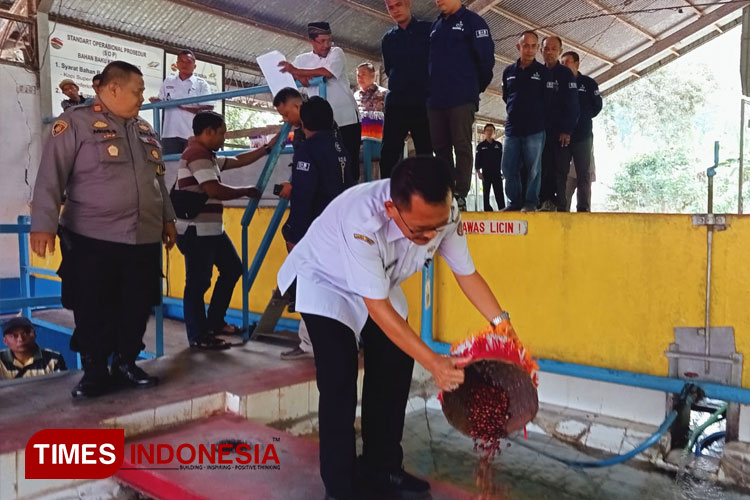 Camat Arjasa membuka penggilingan dan pengeringan biji kopi di Arjasa. (FOTO; M. Abdul Basid/TIMES Indonesia)