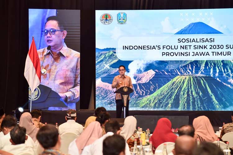 Pj Gubernur Jatim Adhy saat menyampaikan paparan dalam acara Sosialisasi FOLU Net Sink 2030 di Surabaya.(Dok.Humas Pemprov Jatim)