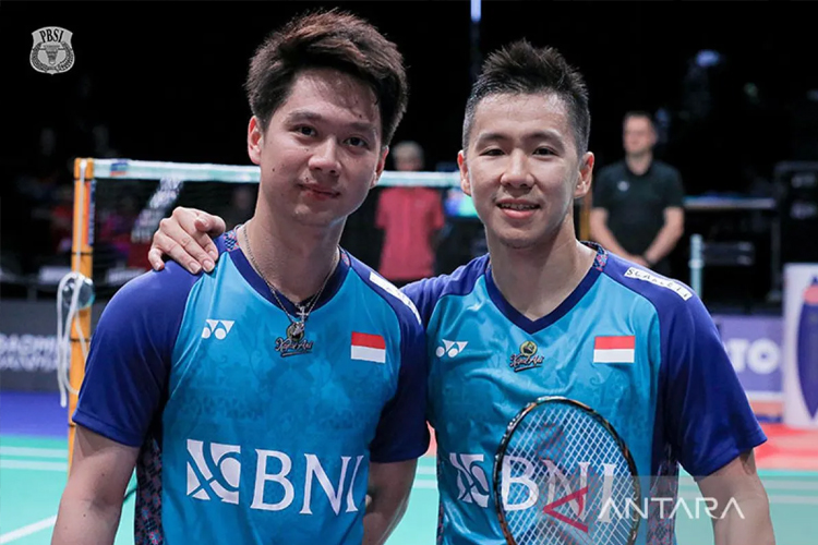 Ganda putra Indonesia Kevin Sanjaya Sukamuljo (kiri)/Marcus Fernaldi Gideon. (ANTARA/Twitter/@INABadminton)