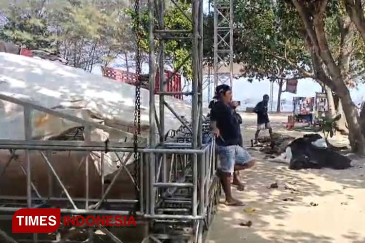 Foto APersiapan pendirian tenda utama untuk Festival 1.000 Bantengan dalam rangka Harlah GP Ansor ke-90, di Pantai Balekambang, Kabupaten Malang, yang digelar besok, Sabtu (25/5/2024). (Foto Amin/TIMES Indonesia) 