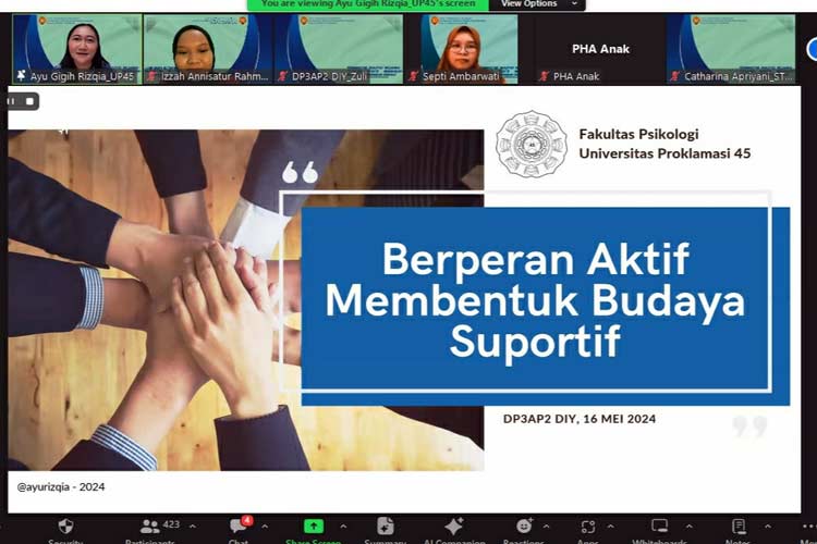 Webiner Fakultas Psikologi Universitas Proklamasi 45 (UP45) Yogyakarta dan P3AP2 Provinsi DIY. (FOTO: Fak. Psikologi UP45 Yogyakarta fot TIMES Indonesia)