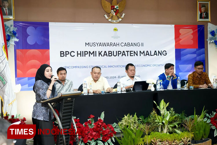 Sambutan visi misi nahkoda baru HIPMI Kabupaten Malang, Qintharra. (Foto. Dok. HIPMI Kab Malang/TIMES Indonesia)