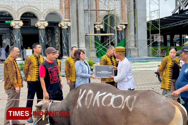 General Manager Kokoon Hotel Banyuwangi menyerahkan satu ekor sapi kepada takmir masjid sekitar hotel. (FOTO: Fazar Dimas/TIMES Indonesia)