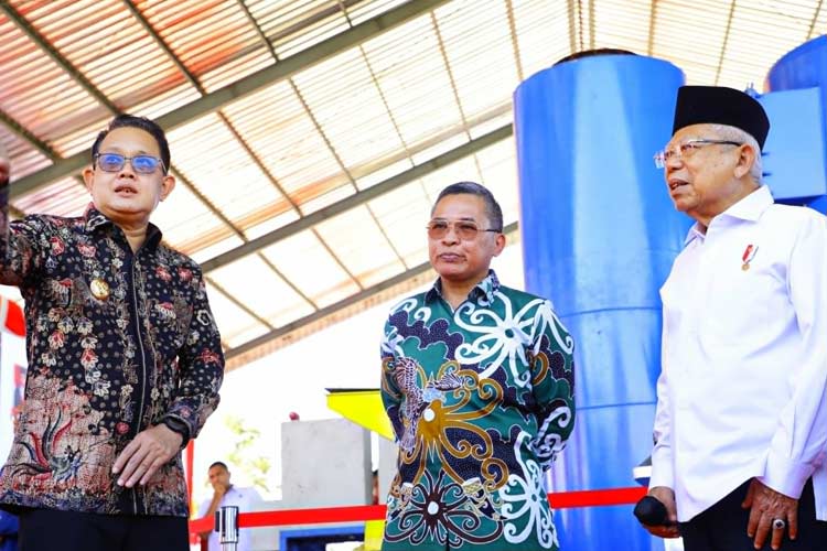 Pj Gubernur Adhy saat mendampingi Wapres Ma'ruf Amin meninjau Pabrik Pengolahan Limbah B3 PT. Prada Tanara Pratama (PTP), Kamis (27/6/2024). (Foto: Dok. Humas Pemprov Jatim)