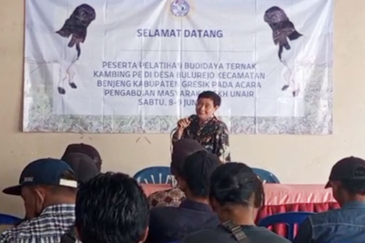 Prof Budi Utomo dari FKH Unair memberi pelatihan ternak kambing PE kepada warga Gresik. (Foto: FKH Unair for TIMES Indonesia)