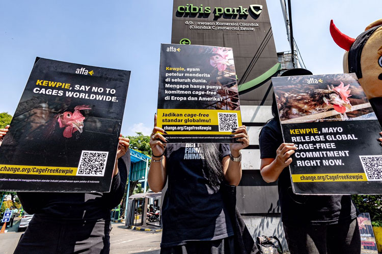 Aktivis Act For Farmed Animals (AFFA) turun ke jalan di luar kantor Kewpie, Jumat (12/7/2024). (Foto: Istimewa)