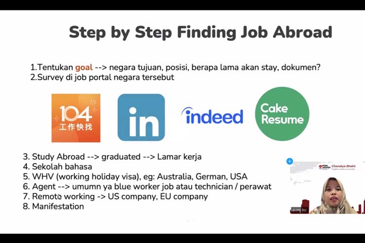 Materi Tips dan trik mencari kerja di Luar Negeri dalam acara seminar daring “Career Hunting Abroad” dengan tema “Career Sharing and How to Excel in Finding Job Abroad”, yamg digelar PPIDK Asiania, Jumat (14/7/2024).