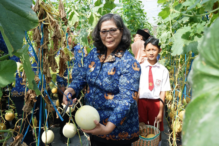 Peringati Hari Anak, Pj Wali Kota Kediri Petik Melon Bersama Siswa