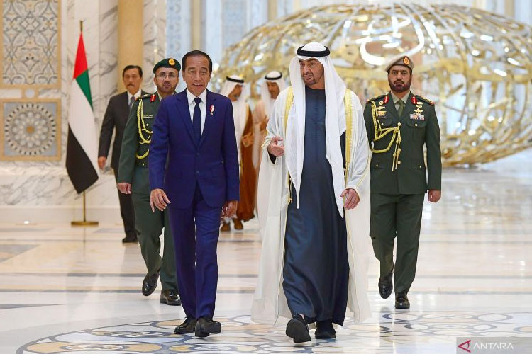 Presiden Joko Widodo bersama dengan Presiden PEA Mohamed bin Zayed Al Nahyan (MBZ) di Qasr Al Watan, Abu Dhabi, PEA, Rabu (17/7/2024). (Foto: ANTARA/HO-Biro Pers Sekretariat Presiden)