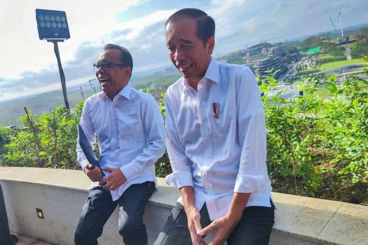 Presiden Jokowi bersama Mensesneg Pratikno saat perdana berkantor di kompleks Kantor Presiden, Ibu Kota Nusantara (IKN), Senin (29/7/2024). (Foto: ANTARA/MENTARI DWI GAYATI)