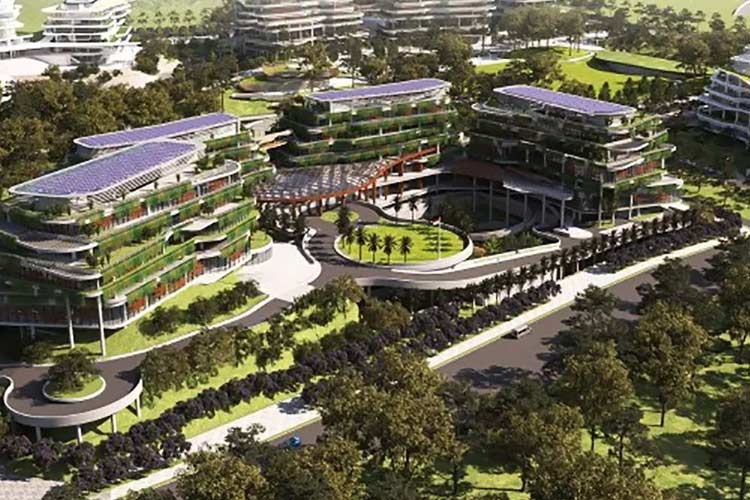 Desain bangunan Gedung dan Kawasan Kantor Kementerian Koordinator Bidang Perekonomian di IKN Nusantara. ANTARA/HO-Hutama Karya/aa.