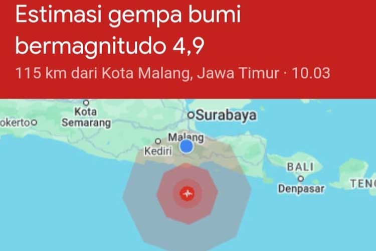 BMKG mencatat gempa bumi di Malang pada Selasa (13/8/2024) pukul 10.03 WIB berkekuatan 4,9 M.