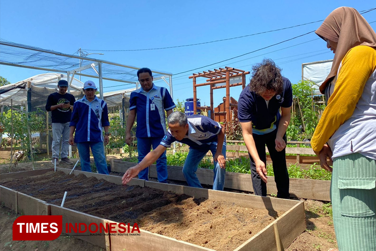 Direktur Operasi Regional 3 Danone Indonesia, Joshua Prayoga, Kepala Pabrik AQUA Banyuwangi, Achmad Afandi, dan jajaran melakukan simbolis penanaman benih sayur di lahan demplot Dusun Suko, Desa Benelan Kidul, Kecamatan Singojuruh.
