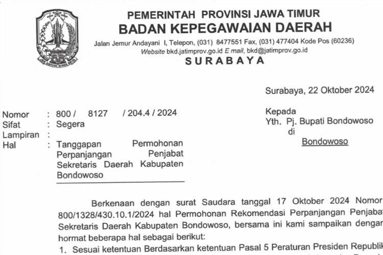 BKD Jatim Tak Terima Perpanjangan Pj Sekda Bondowoso, Begini Kata BKPSDM