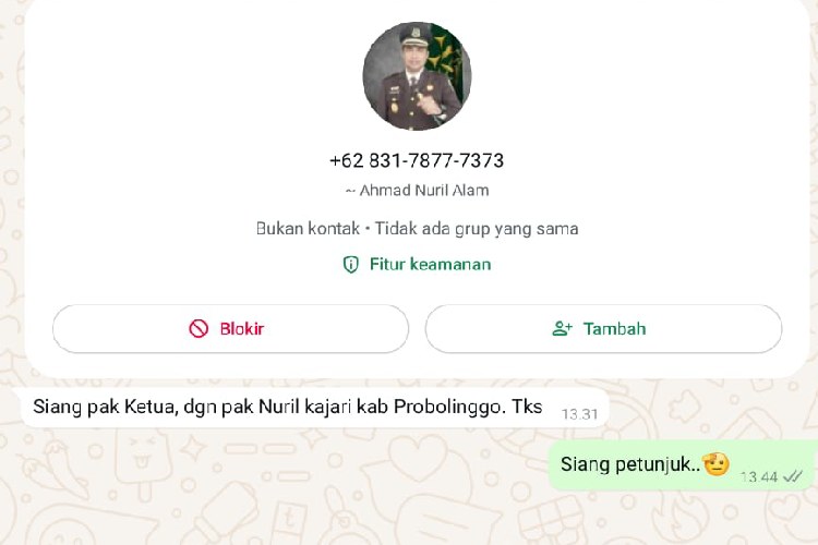 Nomor WhatsApp yang mengatasnamakan Kajari Kabupaten Probolinggo.(Foto: Kajari Kabupaten Probolinggo for TIMES Indonesia)
