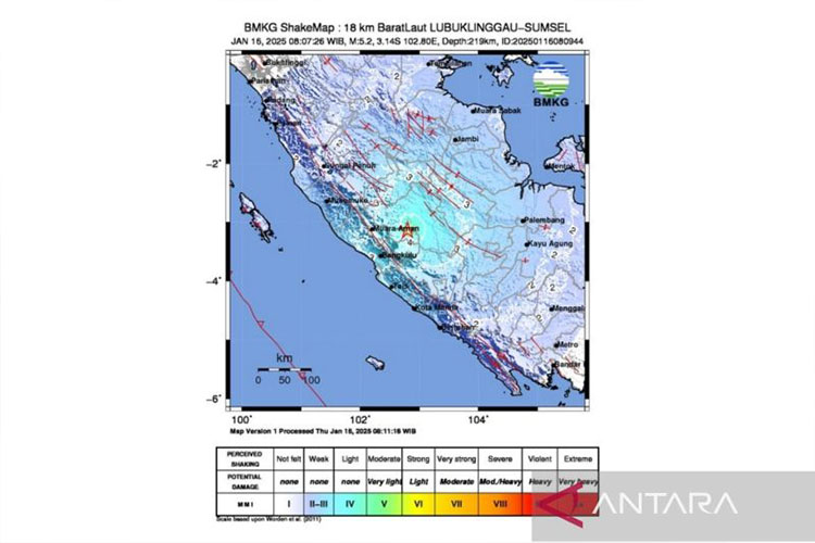 Gempa Magnitudo 5,2 Guncang Lubuk Linggau dan Sekitarnya