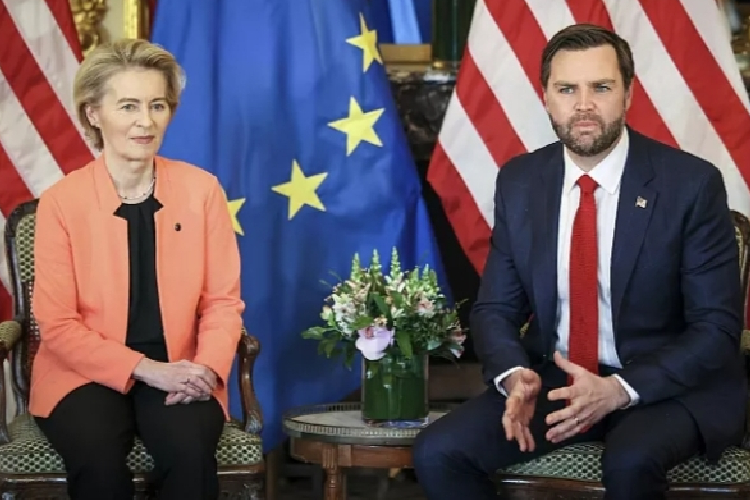 Presiden Komisi Eropa Ursula von der Leyen dan Wakil Presiden JD Vance hari itu juga menawarkan pandangan yang sangat berbeda tentang ancaman ke depan.(FOTO: Euronews/AP)
