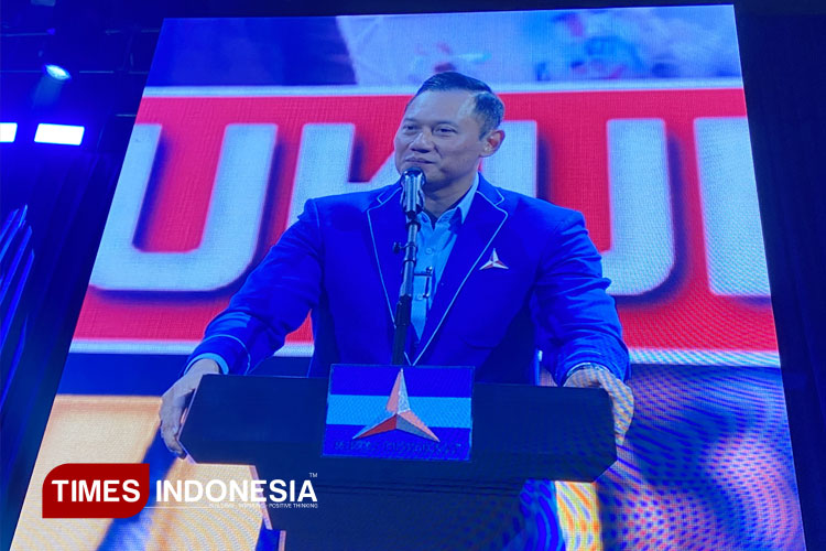 Ketua Umum Partai Demokrat Agus Harimurti Yudhoyono ketika membuka Kongres VI  Partai Demokrat di The Ritz-Carlton Hotel, Pacific Place SCBD, Jakarta, Senin,(24/2/2025).   (FOTO: Farid Abdullah/ TIMES Indonesia).