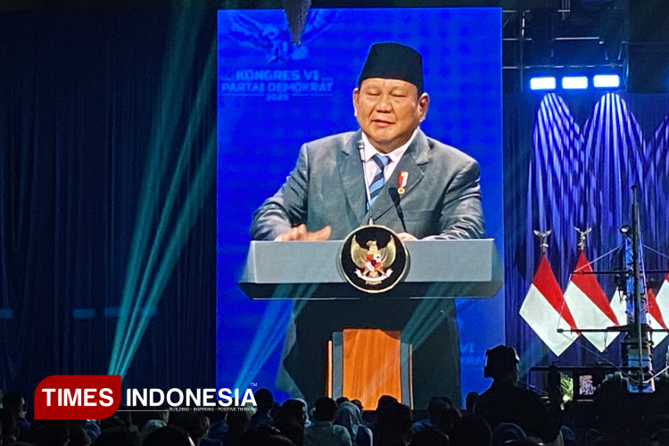 Presiden Prabowo Subianto ketika berpidato di Kongres VI Partai Demokrat di The Ritz-Carlton Hotel, Pacific Place SCBD, Jakarta, Selasa,(25/2/2025). (FOTO: Farid Abdullah/ TIMES Indonesia).