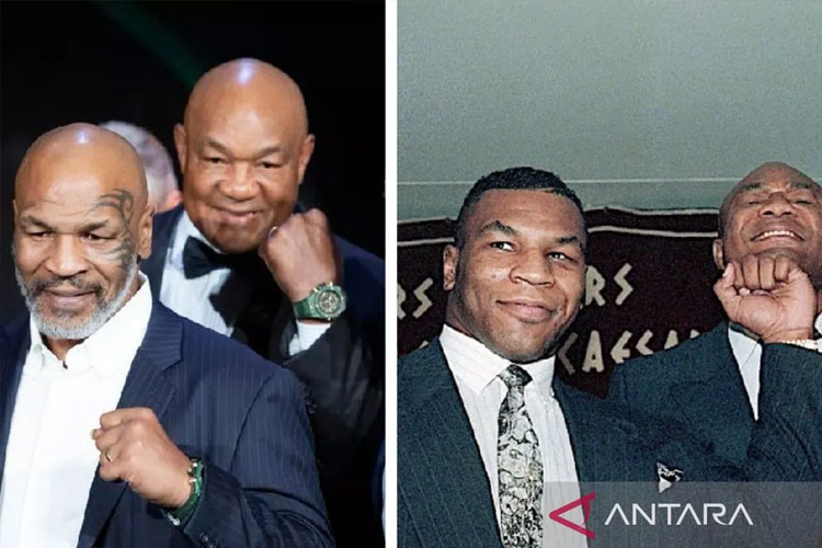 Tangkapan layar kebersamaan Mike Tyson dengan George Foreman semasa hidup, Jakarta, Sabtu (22/3/2025, 15.05 WIB). (FOTO: ANTARA/X/@miketyson/Donny Aditra)