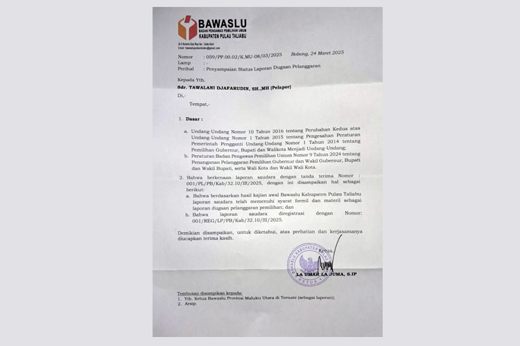 Laporan dugaan politik uang di PSU Taliabu tertuang dalam surat Bawaslu Kabupaten Pulau Taliabu tertanggal 24 Maret 2025. (Foto: Haerun Hamid/TIMES Indonesia)