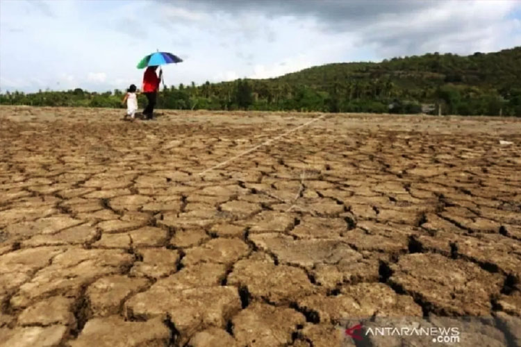 Ilustrasi - Warga melintas di dekat tambak yang kering akibat musim kemarau. (FOTO: ANTARA FOTO/Irwansyah Putra)