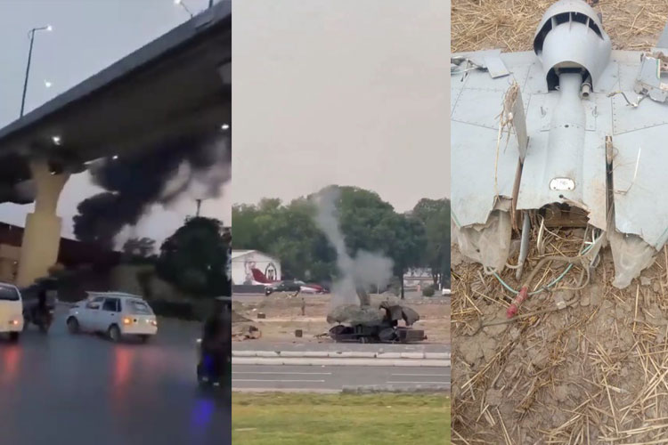 Asap mengepul setelah drone bunuh diri jatuh di jalanan Islamabad (8/5/2025) (kiri), Salah satu lokasi jatuhnya done di Pakistan (tengah), Rongsokan drone yang berhasil ditembak pasukan bersenjata Pakistan (kanan). (Foto: PPI Dunia)
