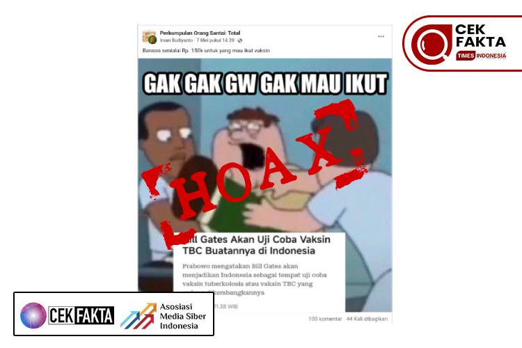 CEK FAKTA: Tidak Benar! Peserta Uji Coba Vaksin TBC Bill Gates Dapat Bansos Rp150 Ribu