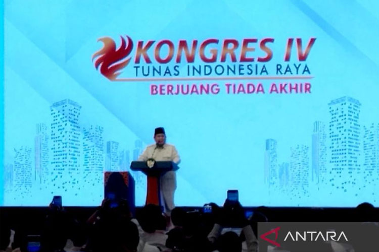 Presiden Prabowo Subianto berpidato dalam Kongres IV PP Tidar di Jakarta, Sabtu (17/5/2025). (Foto: Antara/Bagus Ahmad Rizaldi)