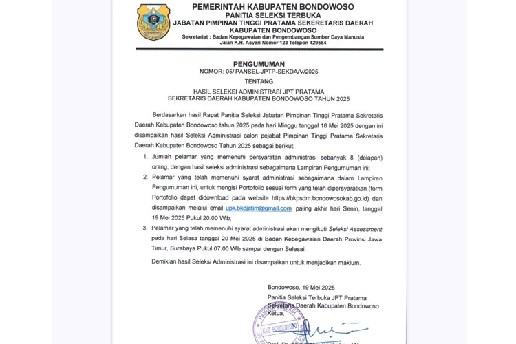Surat pengumuman hasil seleksi administrasi Jabatan Pimpinan Tinggi Pratama Sekretaris Daerah Kabupaten Bondowoso (FOTO: Tangkapan layar pengumuman)