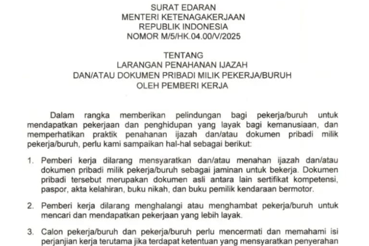 Menaker Larang Perusahaan Tahan Ijazah, Pekerja Lebih Terlindungi