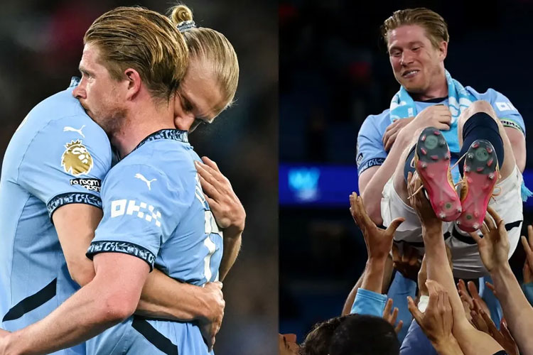 Momen perpisahan penuh emosional saat Kevin de Bruyne berpelukan dengan Erling Halland dan saat ia diangkat oleh rekan-rekannya usai laga Manchester City vs Bournemouth. (Foto: Premier League)