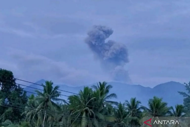 Gunung Dokuno, Halmahera Utara, Maluku Utara meletus dan menghembuskan kolom abu setinggi 1,6 kilometer ke udara dari puncaknya, Senin (26/5/2025). (FOTO: ANTARA/HO-Badan Geologi).